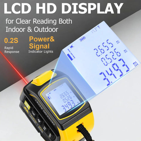 4-In-1 Digital Laser Tape Measure With 328 Ft Range And 16 Ft AutoLock Tape, Dual-Axis Leveling, Cross-Line Leveling, Class II Laser Output Under 1 mW, Built For DIYers, Pros, And Home Reno Projects. LCD display showing laser readings