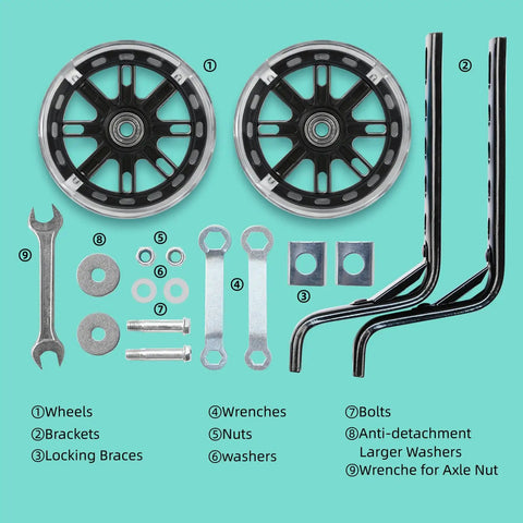 Parts of Heavy Duty Bicycle Training Wheels For 14 To 20 Inch Bikes, including wheels, brackets, wrenches, bolts, and washers.