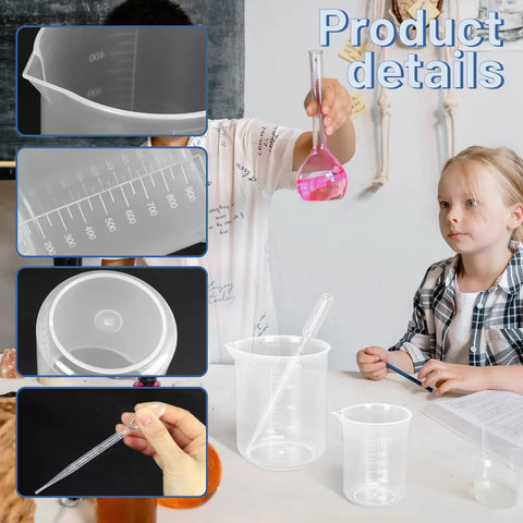 Kids using 7 Size Plastic Beaker Set With 20 Droppers Clear Graduated Measuring Beakers in classroom lab