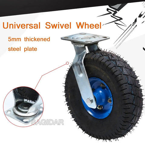 Built Tough High Elastic Rubber Caster Wheels That Roll Slick With Swivel Brake Lock And Reinforced Steel Base For Tool Carts Toolboxes Garage Gear 2 Pack 10 Inch close-up of swivel wheel with 5mm steel plate and rubber tire