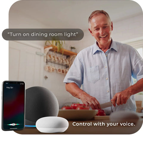 Man using voice control with smart speaker for Ultra Slim 6 Inch Wi Fi Smart Recessed Lighting Kit 2 Pack No Hub Needed