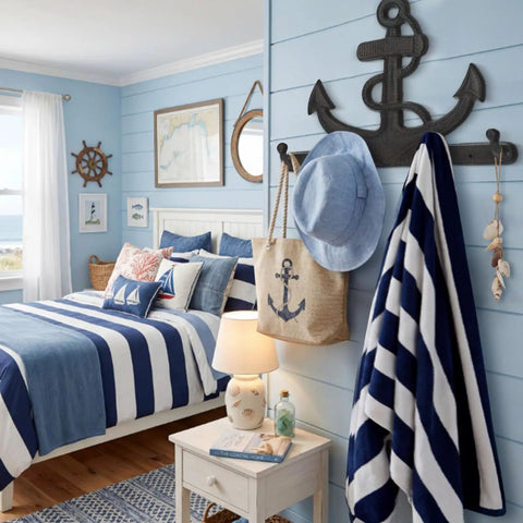 Badass Vintage Vibes 10 Inch Cast Iron Nautical Anchor Hook For Heavy Duty Wall Storage And Totally Rad Farmhouse Decor, mounted in a coastal bedroom.