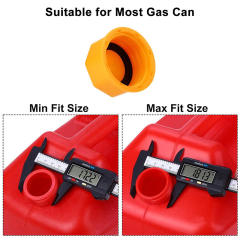 Six Pack 5 Gallon Gas Can Caps, Universal Coarse Thread Replacement Lids For Gasoline shown with calipers measuring fit size