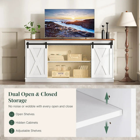 Slick Farmhouse TV Stand For 65 Inch Flat Screen Television Featuring Smooth Sliding Barn Doors And Creamy Milk White Finish, showcasing dual open and closed storage.