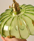 Close-up of Dope Farmhouse Glass Lotus Pendant Light With Adjustable Cable, E26 Brass Holder, Green Glass Shade, 9.84 Inch