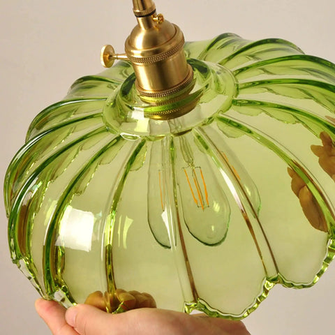 Close-up of Dope Farmhouse Glass Lotus Pendant Light With Adjustable Cable, E26 Brass Holder, Green Glass Shade, 9.84 Inch