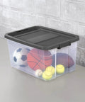 Two Pack 76 Quart Stacker Storage Bin Set With Clear Plastic And Dark Gray Latch Lid for garage and attic organization