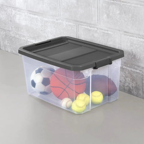Two Pack 76 Quart Stacker Storage Bin Set With Clear Plastic And Dark Gray Latch Lid for garage and attic organization