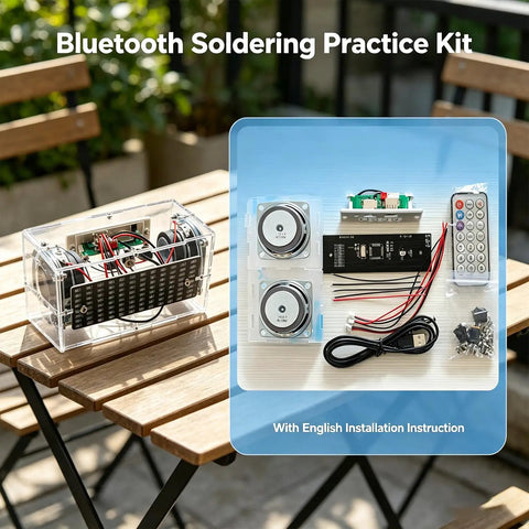 DIY Soldering Practice Kit And Electronic Speaker Build Project components on table, showing transparent acrylic shell and parts.