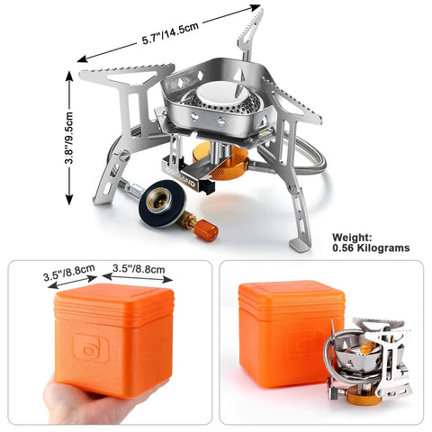 High Output Windproof Camp Stove For Outdoor Cooking With Windscreen Piezo Ignition Fuel Canister Adapter Carry Case Portable Collapsible Stove Burner For Backpacking Hiking And Picnics with dimensions and storage case shown