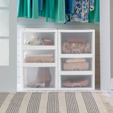 Eight Pack 27 Quart Stacking Drawers For Closet Storage With Clear Front And Sides And White Frame Modular Plastic Organizer