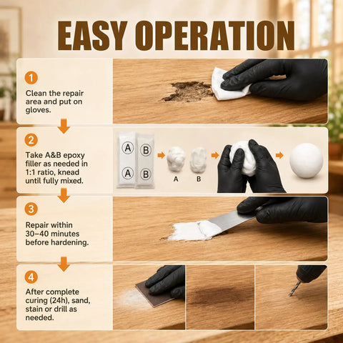 Step-by-step guide for using Tough As Nails Epoxy Wood Putty And Hardener Blend Two Part Formula for repairs.