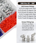 240 Piece SAE Grease Fittings Kit With G1/4 And G1/8 Zerk Fittings, Straight 45 Degree 90 Degree Angled, Color Coded Dust Caps