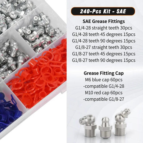 240 Piece SAE Grease Fittings Kit With G1/4 And G1/8 Zerk Fittings, Straight 45 Degree 90 Degree Angled, Color Coded Dust Caps