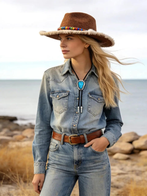 Young woman wearing Top Shelf Bolo Tie Set 8 Piece Adjustable Western Leather Neckties With Turquoise Conchos at the beach.