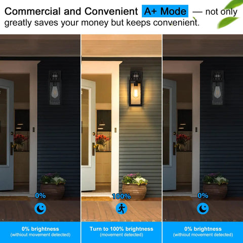 2-Pack Motion Sensor Outdoor Wall Lights Upgraded Dusk to Dawn Exterior Lantern Sconces with Seeded Glass Black Finish for Front Door Entryway Porch Garage Outside Lighting