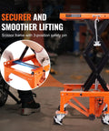 Hydraulic Motorcycle Lift Table With Wide Deck 350 Lbs Capacity Foot Operated Jack For Dirt Bikes And ATVs J Hooks 4 Wheels