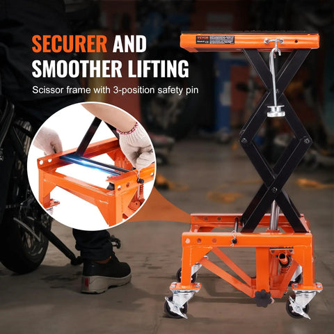Hydraulic Motorcycle Lift Table With Wide Deck 350 Lbs Capacity Foot Operated Jack For Dirt Bikes And ATVs J Hooks 4 Wheels