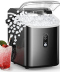 Countertop Nugget Ice Maker With Soft Chewable Pebble Ice 34 Lbs Per Day Self Cleaning One Button Operation Pellet Ice Maker For Home Kitchen RV Camping next to a glass of iced drink spilling ice cubes