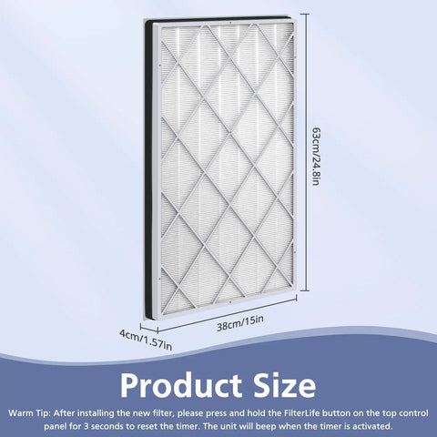 Replacement H13 True HEPA Filter For Shark Air Purifier 6 HE601 HE602 Model shown with dimensions 63x38x4 cm