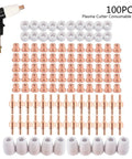 Super Durable 100 Pcs Plasma Cutter Consumable Kit With High Quality Tips Electrodes Nozzles For Pt31 Cut40 Cut50 Machines, including copper tips and ceramic nozzles.