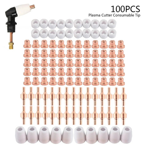 Super Durable 100 Pcs Plasma Cutter Consumable Kit With High Quality Tips Electrodes Nozzles For Pt31 Cut40 Cut50 Machines, including copper tips and ceramic nozzles.