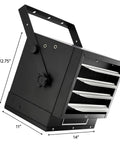 Top Shelf 7500 Watt Hardwired Garage Heater With Smart Remote And Smooth Vertical Horizontal Airflow Matte Black Finish side view showing dimensions 11x12.75x14 inches.
