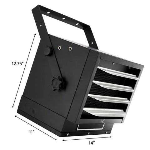 Top Shelf 7500 Watt Hardwired Garage Heater With Smart Remote And Smooth Vertical Horizontal Airflow Matte Black Finish side view showing dimensions 11x12.75x14 inches.