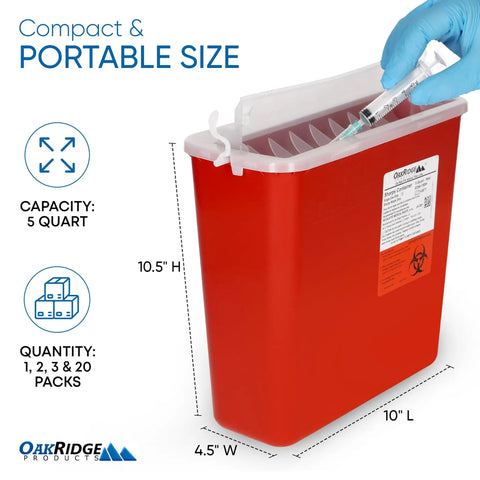 5 Quart Sharps Container 3 Pack For Home And Professional Use With Horizontal Drop Lid And Dual Levers For Safe Biohazard Needle And Syringe Disposal CDC Certified red container, compact 5 quart size, syringe disposal