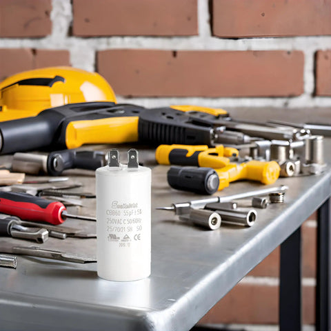 55 MFD Garage Door Opener Capacitor Fits New K030B532-1 and K030B532 among tools on a workbench