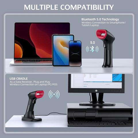 2D Bluetooth Barcode Scanner with USB cradle displaying multiple device compatibility, showing connection to laptop and smartphone.