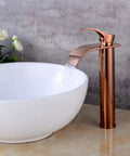 Waterfall Single Lever Vessel Lavatory Basin Tap In Rose Gold Oil Rubbed Bronze Finish with white vessel sink in modern bathroom