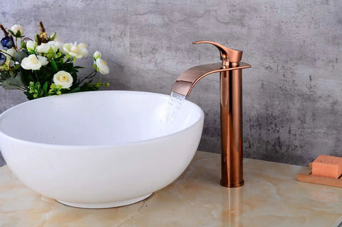 Waterfall Single Lever Vessel Lavatory Basin Tap In Rose Gold Oil Rubbed Bronze Finish with white vessel sink in modern bathroom