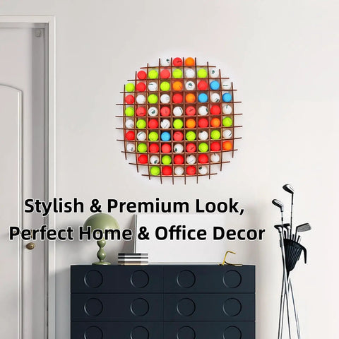 Rad Ball Shaped Golf Ball Display Case for Collectors, holds up to 78 golf balls, wall-mounted, wooden, colorful golf balls, home decor
