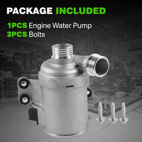 Electric Engine Water Pump For BMW 328i 335i 435i M2 X5 X6 3.0L Inline 6 2013 To 2019 Replace 11518635090 showing package with water pump and bolts.