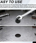 Heavy Duty Bearing Steel Sheet Metal Hole Punch Set With Hex Head Screw For Clean Circle Cuts On Thin Panels Straight Up Badass Precision Every Single Time, demonstrating operation with wrench and hole created.