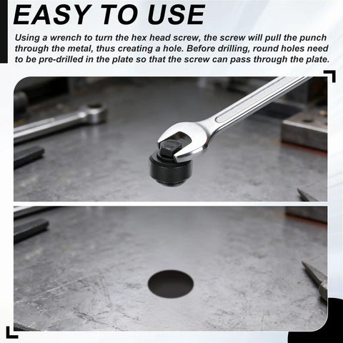 Heavy Duty Bearing Steel Sheet Metal Hole Punch Set With Hex Head Screw For Clean Circle Cuts On Thin Panels Straight Up Badass Precision Every Single Time, demonstrating operation with wrench and hole created.