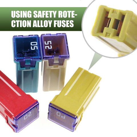 Tough As Nails Square Blade Fuse Assortment Kit With 20A To 60A Specs showing 20A, 30A, and 50A fuses for vehicle electrical repairs.