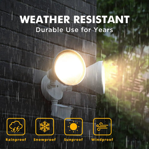 Rock Solid Heavy Duty Dual Head Motion Activated Flood Light 300 Watt Halogen 180 Degree Wide Angle Detection System All Weather Outdoor Security Wall Lamp For Backyards Patios And Driveways In White