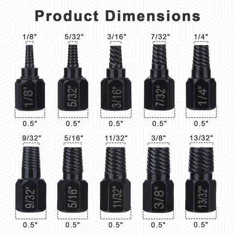Ten Piece Hex Bolt Extractor Kit For Stripped Screws And Damaged Fasteners with product dimensions for each piece displayed.