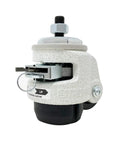 Heavy Duty Retractable Leveling Caster With 2 Inch Nylon Wheels That Roll Smooth And Ratcheting Stemless Build For Lock Tight Equipment Stabilization In Classic Ivory Job Site Gear close-up view showing handle and locking mechanism.