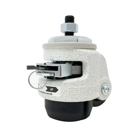 Heavy Duty Retractable Leveling Caster With 2 Inch Nylon Wheels That Roll Smooth And Ratcheting Stemless Build For Lock Tight Equipment Stabilization In Classic Ivory Job Site Gear close-up view showing handle and locking mechanism.