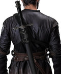 Medieval Leather Back Sword Shoulder Frog With Adjustable Sheath Holster For Renaissance Warrior Costumes shown worn on back
