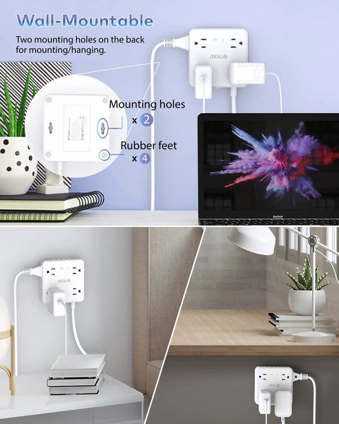 12 In 1 Power Strip Surge Protector With USB Ports And Eight Widely Spaced Outlets 1440 Joules 6 Foot Extension Cord shown wall-mounted
