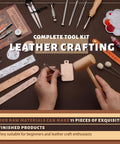 Dope Leather Working Kit With Pro Grade Tools And Dyes For DIY Beginners shown with tools and leather pieces on a table.
