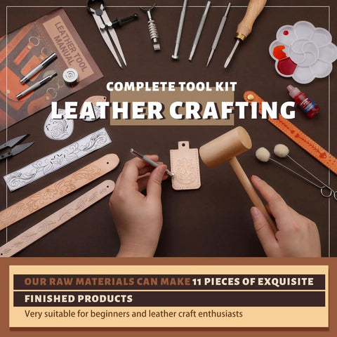 Dope Leather Working Kit With Pro Grade Tools And Dyes For DIY Beginners shown with tools and leather pieces on a table.