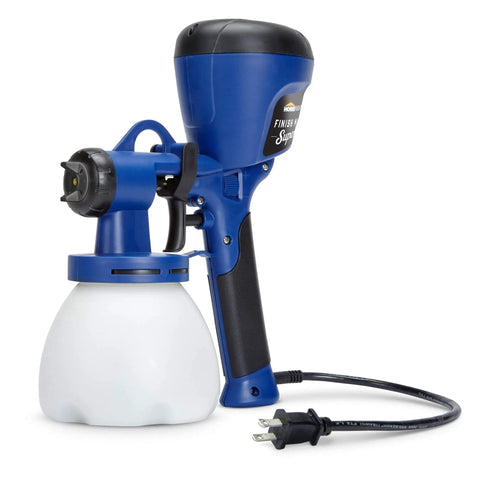 Blue handheld paint sprayer with white container, electric cord, labeled Finish Max. Not 40 Ounce Replacement Container And Lid For Super Finish Max.