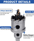 Front view of 1-inch tungsten carbide tip hole saw with M2 pilot drill bit; for metal and plastic, 25 mm depth