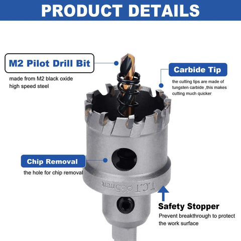Front view of 1-inch tungsten carbide tip hole saw with M2 pilot drill bit; for metal and plastic, 25 mm depth