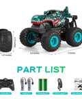 All Terrain Dinosaur Monster Truck RC Car With 2.4Ghz Remote, Music, 3 Lighting Modes, 360 Stunt Capable, shown with parts list